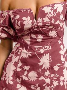 Aralina 女式花卉印花露肩短袖时尚迷你连衣裙 - 櫻桃紅 - 查看 3