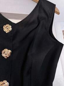 Franclia 时尚气质通勤百搭S型法式复古无袖上衣金属扣装饰女式背心，黑色上衣秋季女装外出上衣商务休闲女装大学校园装