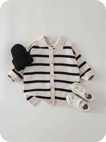 SHEIN 1 pièce Cardigan rayé à manches longues style coréen décontracté pour jeunes garçons, convient pour l'école, les vacances, les saisons d'automne et d'hiver