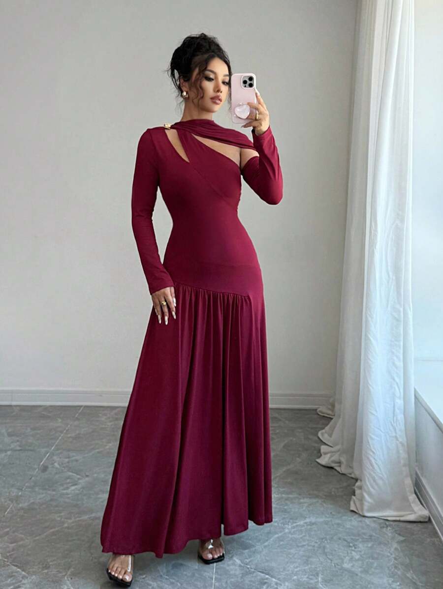 Elenzga Váy ôm vừa vặn gợi cảm màu trơn thời trang dành cho nữ - Màu Đỏ Sâu - Xem 1