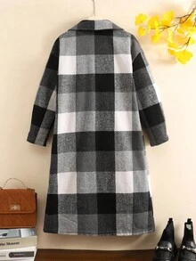 SHEIN Tween Girl Casual Plaid Midi Overcoat, Comfortable & Minimalist, Autumn/Winter Fall - Khaki - View 2