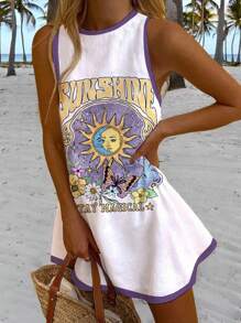 Veykashi 大码女式休闲度假日月花卉印花短款连衣裙，适合夏季 - 彩色 - 查看 4