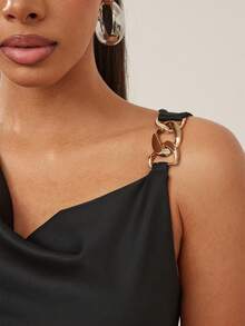 Metal Chain Strap Asymmetrical Draped Neck Midi Dress, Business Casual Woman, Office Outfit - Black - View 2