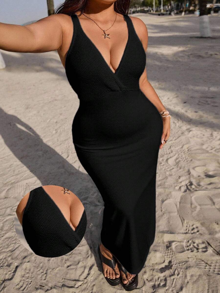 Veykashi Plus Size Spring And Fall Holiday Solid Color Black Crochet Long Sweater Dress Suitable For Going Out,Homecoming Dress Chic Dress - Black - View 1