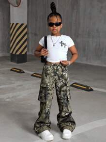 SHEIN Young Girl Chiffon Ditsy Floral Loose Casual Pants Girls Camo Pants Girls Cargo Pants Camo Cargo Pants Girls Printed Cargo Pants Girls Wide Leg Cargo Pants Fall Winter