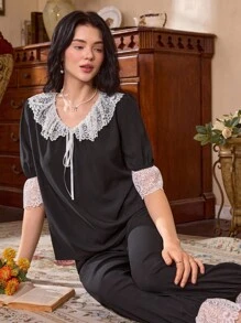 Côtesoire 浪漫优雅蕾丝彼得潘领拼布女士睡衣套装 - 黑色 - 查看 4