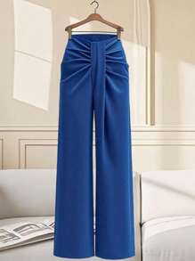 Lyxana Women's Fashion Commuter Elegant Elastic Asymmetrical Ruched Design Straight Leg Casual Pants For Daily Wear Fall Cloth For Women - Blue - View 1