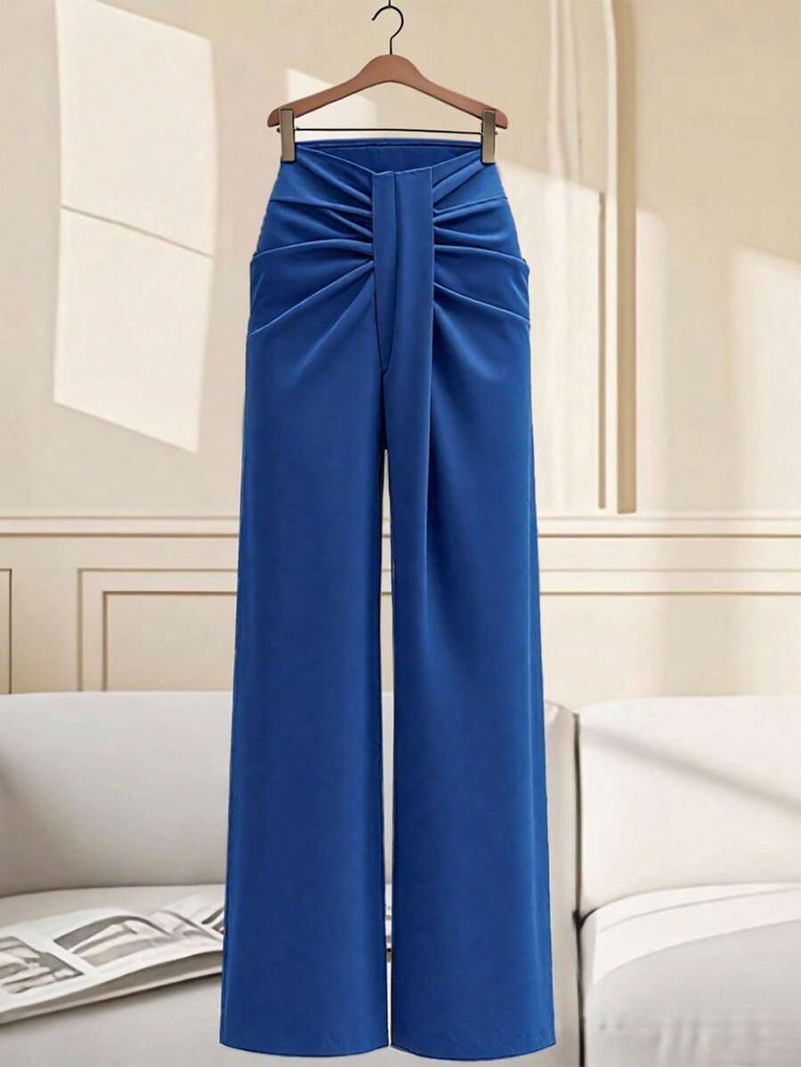 Lyxana Women's Fashion Commuter Elegant Elastic Asymmetrical Ruched Design Straight Leg Casual Pants For Daily Wear Fall Cloth For Women - Blue - View 1