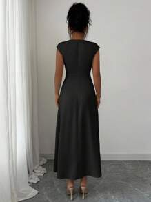 Elenzga 女士优雅度假风法式浪漫茶会落肩腰褶皱连衣裙，春夏 - 黑色 - 查看 2