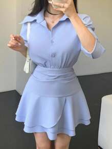 Celisse 女式领口褶饰下摆百褶衬衫裙 - 藍色 - 查看 7