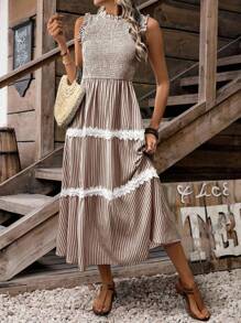 LanaWest Women Sleeveless Casual Striped Frill Hem Mini Dress