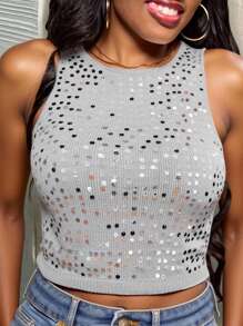 Slaydiva 女式亮片装饰无袖短款上衣，修身夏季针织背心 - 灰色 - 查看 4