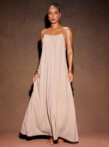 Hauture Sexy Elegant Simple Vacation Solid Low Backless Stone Strap Detail Flowy Maxi Dress - Light Grey - View 2