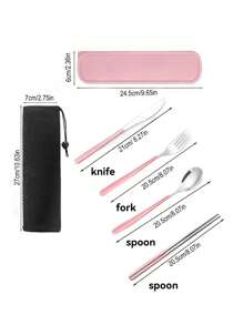 SHEIN 旅行用具，餐具套装返校，旅行银器套装带盒，餐具套装便携式营地可重复使用 18/8 不锈钢餐具银器，包括带盒的叉勺筷子，适用于西餐、厨房、午餐盒办公室野餐日常饮食，圣诞节（黑色），各种组合可用圣诞节作为节日礼物 - 粉色 - 查看 10