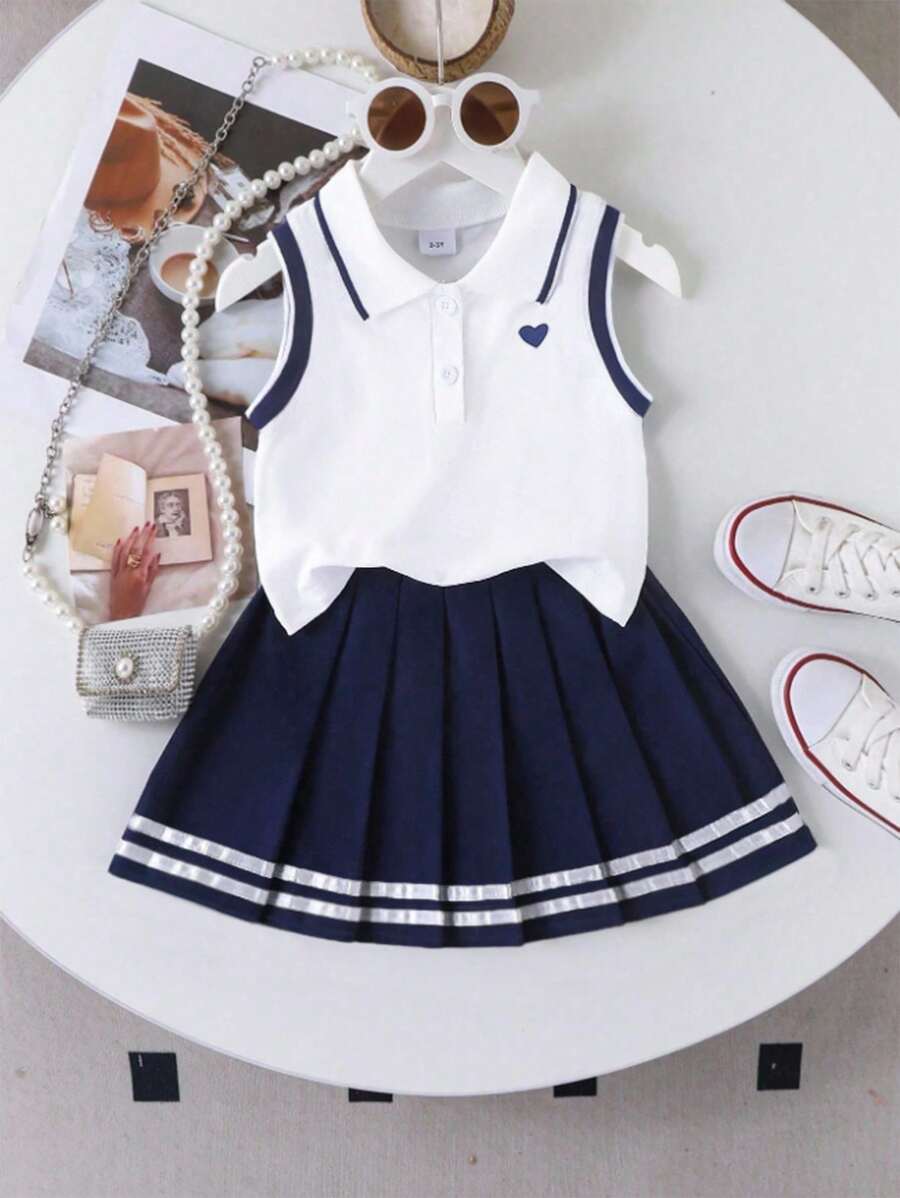 SHEIN Genkimix Kids 2pcs Set Young Girl School Style Heart Print Lapel Sleeveless Top And Pleated Skirt With Ribbon Trim, Suitable For Summer Back To School Season