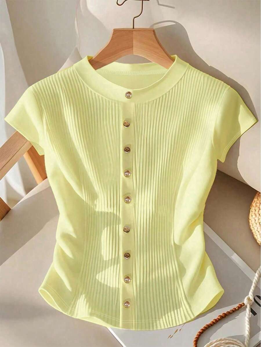 GlowEve Women's Casual Solid Color Button-Front Ruched T-Shirt, Summer - Yellow - View 1