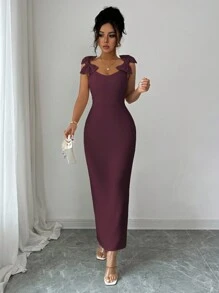 Elenzga Vestido Longo Elegante Sem Mangas Feminino com Decoração de Laço, Casual para Ir ao Trabalho, Férias, Chá da Tarde, Festa, Cor Sólida, Estilo Francês Romântico Siciliano, Primavera/Verão