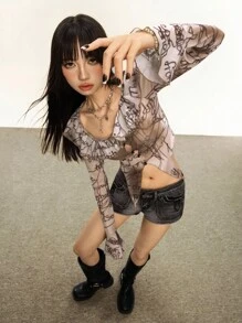 Rina Fox Women's Y2K Fashion Street Style Full Print Ombre Flare Sleeve Ruffle Hem Asymmetrical Hem Cropped Lightweight Top, Spring/Summer Fall Winter Cloth For Women