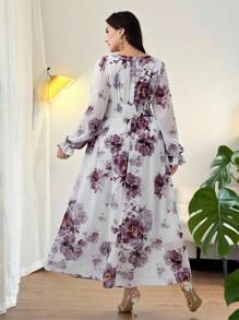 Modelyn Plus Size Elegant Floral Print Square Neck Waist Cinching Midi Dress - Multicolor - View 3