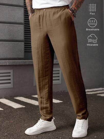 Manfinity Homme Pantaloni sport la modă, casual, respirabili, lejeri, confortabili, versatili, de culoare solidă, pentru bărbați, pantaloni de in, pantaloni maro, pantaloni respirabili pentru bărbați, pantaloni de vară, pantaloni casual pentru bărbați, toamnă