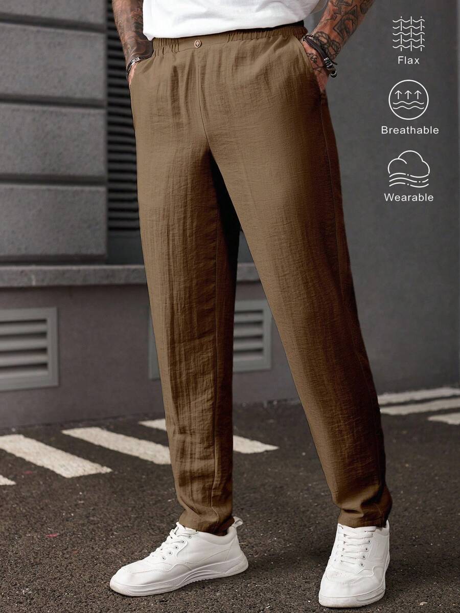 Manfinity Homme Fashionable Casual Breathable Loose Comfortable Versatile Solid Color Men's Pants Men Linen Pants Brown Pants Men Breathable Pants Men Summer Pants Men Casual Pants, Fall