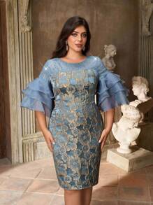 Aureia Plus Size Elegant Cocktail Dress With Satin Jacquard, Organza Ruffle Collar, Rhinestone Embellishments, In Greyish Blue Date Night Outfits Women - Blue - View 5