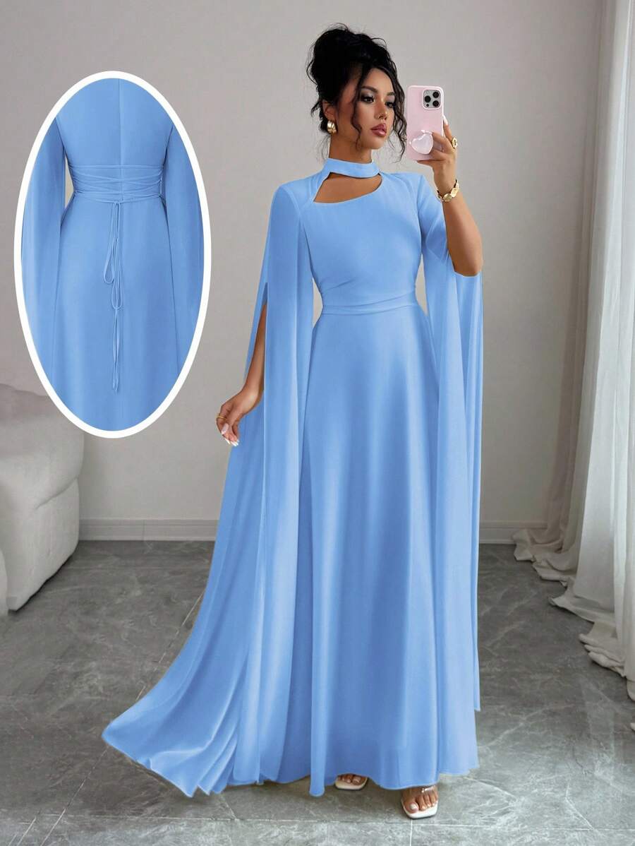 Elenzga 女士优雅法式浪漫度假风沙滩裙，雪纺透明面料，镂空领口，后背交叉系带，喇叭长裙，长袖，开衩袖口，适合下午茶、派对、中东风格、春夏季 - 藍色 - 查看 1