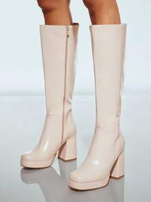 SHUZIA Botas altas hasta la rodilla con plataforma, punta cuadrada, cómodas y glamorosas para mujer, con cremallera interior - Beis - Ver 3