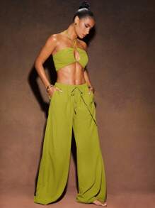 Hauture Sexy Summer Boho Vacation Solid Linen Cut Out Cross Halter Top And Simple Wide Leg Pants Set - Green - View 3