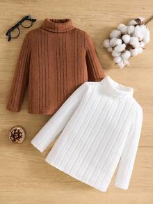 SHEIN 2pcs Boys' All-Match Solid Color Polo Collar Long Sleeve Ribbed T-Shirt, Casual Everyday Wear, Autumn/Winter Fall - White - View 2