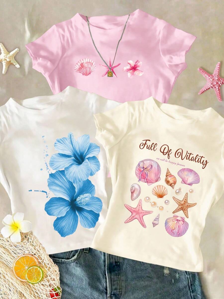 Bộ 3 áo thun cổ tròn ôm sát in họa tiết hoa giản dị dành cho bé gái tuổi teen, thích hợp mặc vào mùa hè - Hồng - Xem 1