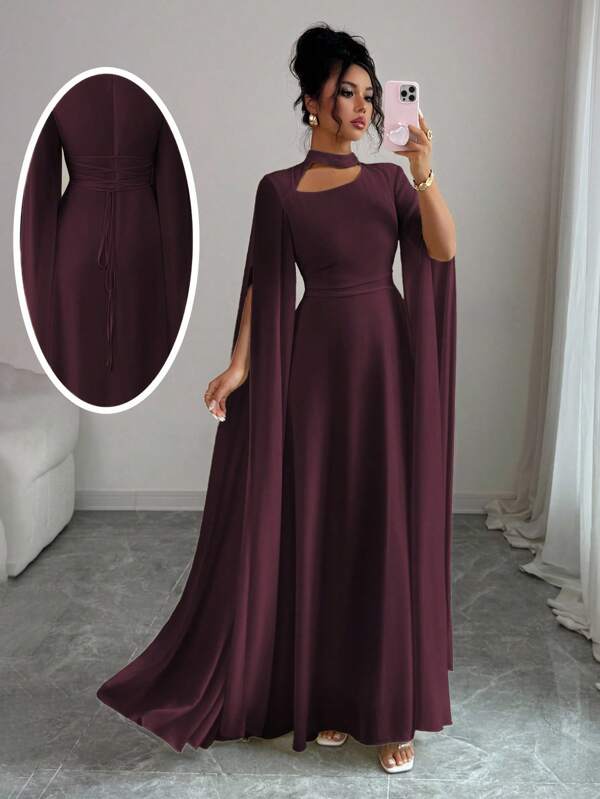 Elenzga Women's Elegant French Romantic Vacation Style Beach Dress, Chiffon Sheer Fabric, Hollow Collar, Criss-Cross Back Tie, Flared Maxi Skirt, Long Sleeve, Slit Cuffs, Suitable For Afternoon Tea, Party, Middle East Style, Spring/Summer