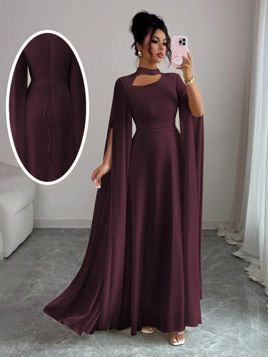 Elenzga Váy đi biển phong cách Pháp lãng mạn thanh lịch dành cho nữ, vải voan mỏng, cổ khoét sâu, dây buộc chéo sau lưng, chân váy maxi xòe, tay dài, xẻ tà, thích hợp cho tiệc trà chiều, tiệc tùng, phong cách Trung Đông, xuân/hè - Màu Tím - Xem 1