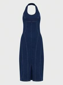 Daynim Váy denim dài vừa phải hở lưng thường ngày cho nữ - Rửa tối - Xem 6