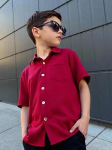 SHEIN Tween Boys Minimalist Solid Color Pocket Single Breasted Short Sleeve Shirt - Red - View 6