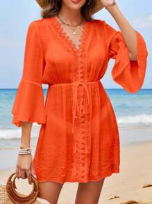 Swim Lushoire 女士夏季海滩系带腰喇叭袖拼接荷叶边优雅度假连衣裙和罩衫 - 橘色 - 查看 4