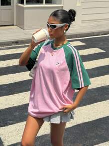 Muchica Camiseta de manga corta suelta y vintage con bloques de color para mujer