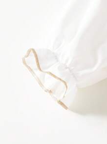 2件套少女领华夫格面料长袖荷叶边下摆衬衫和喇叭裤套装 - 卡其色 - 查看 4