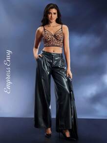 Leopard Print Sexy Front Tie Fishbone Bustier Bra, Underwire Short Fitted Lift & Enhance Bra, Going Out