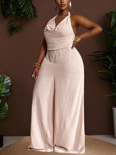 Veslaya Mono de pierna ancha para mujer talla grande, nuevo para primavera y verano, sin mangas, cuello drapeado con nudo, suelto, casual, elegante, color albaricoque, para playa, fiesta, graduación, boda, cita