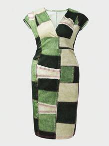 Vestido de talla grande con escote en V profundo y estampado patchwork para el verano - Verde militar - Ver 7