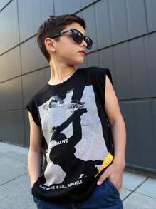 SHEIN Tween Boys' Casual Skateboard Printed Round Neck Loose Knitted Tank Top