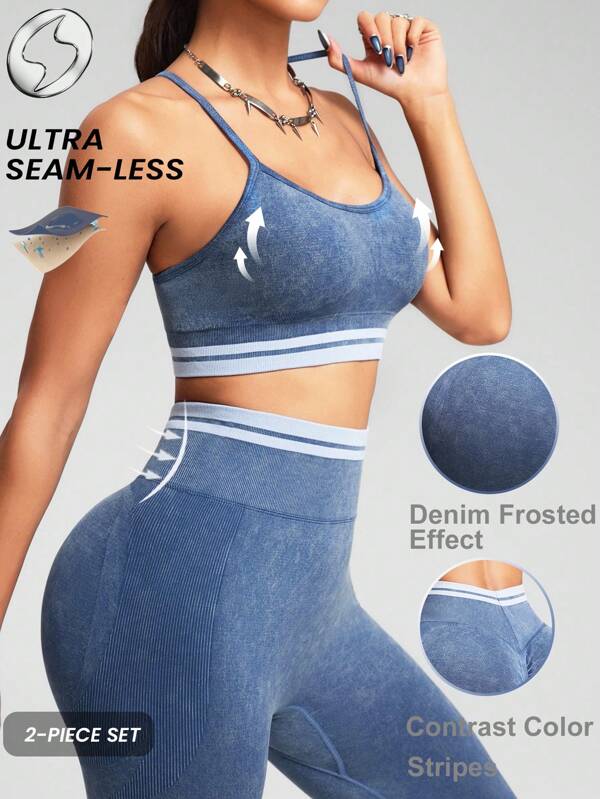 Innovista Conjunto de entrenamiento sin costuras con efecto de lavado vintage, estilo tie-dye, efecto de mezclilla, alto soporte, estética retro, ropa deportiva para yoga, pilates, HIIT, de la oficina al gimnasio, mallas, ropa deportiva funcional con control de abdomen y compresión, sujetador con protección UV, pantalones, cardio, correr, ejercicio al aire libre, comodidad diaria. viral en IG Reels, FYP, INSTA OOTD, vibes Y2K, efecto de escarcha, estilo utilitario chic