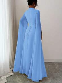 Elenzga 女士优雅法式浪漫度假风沙滩裙，雪纺透明面料，镂空领口，后背交叉系带，喇叭长裙，长袖，开衩袖口，适合下午茶、派对、中东风格、春夏季 - 藍色 - 查看 2