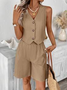 Easowa Women's Casual Solid Color Spring/Summer Clothing, Daily Basic Sleeveless Top/Tank, Shirt, Bermuda Shorts 2 Pieces Set