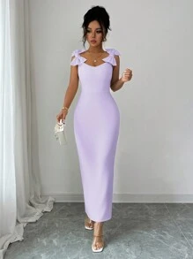 Elenzga 女士优雅无袖长裙，蝴蝶结装饰，休闲通勤、度假、下午茶、派对，纯色，法式浪漫西西里风格，春夏 - 淡紫色 - 查看 6