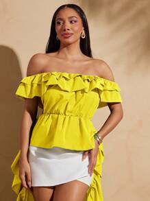 Vixey Off Shoulder Layered Ruffle Hi-Low Woven Top, Summer Tops, Spring, Summer, Boho, St Patrick Day, Country Concert, Beach Cover Up Women - Yellow - View 3