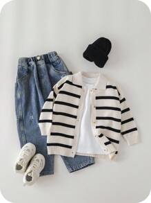 SHEIN 1 pièce Cardigan rayé à manches longues style coréen décontracté pour jeunes garçons, convient pour l'école, les vacances, les saisons d'automne et d'hiver
