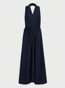 Daynim 露背挂脖无袖 A 字形原色牛仔中长连衣裙 - 深色水洗藍 - 查看 6