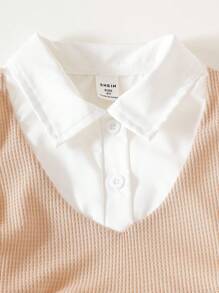 2件套少女领华夫格面料长袖荷叶边下摆衬衫和喇叭裤套装 - 卡其色 - 查看 7